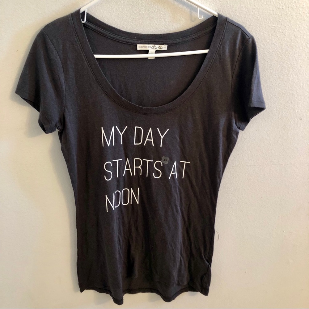 NWOT Express graphic tee my day starts at noon XS
